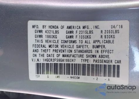 2016 Honda Accord Sport из США, поврежденный, VIN 1HGCR2F56GA196047